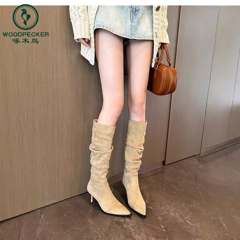 啄木鸟2024显瘦堆堆长靴子尖头细跟高跟长筒骑士靴西部牛仔长靴