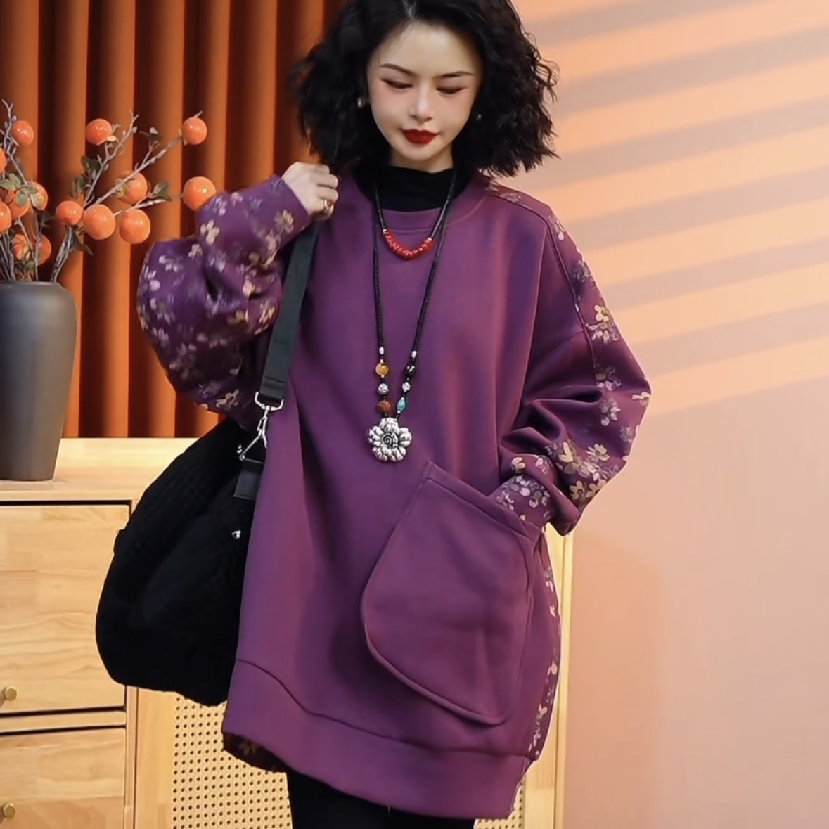 2024冬季新款印花国风中式显瘦保暖大版圆领女款长袖卫衣25871