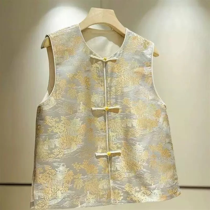 T轻奢织宋锦薄款马甲女2025春夏新款圆领高贵气质提花新中式马夹