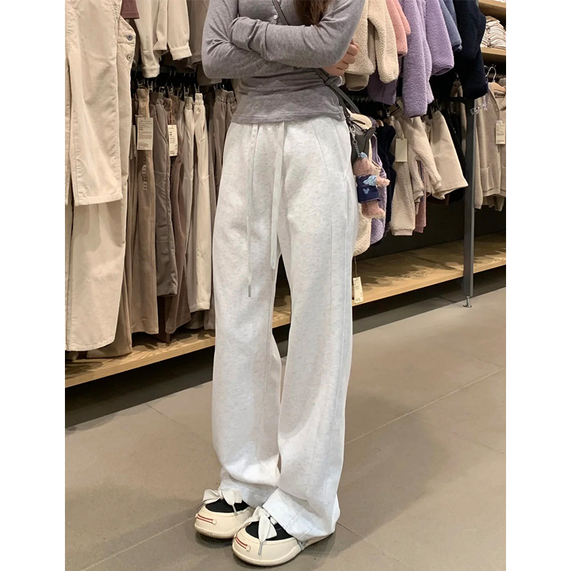 白灰色高腰运动裤女春秋季小个子宽松直筒显瘦慵懒风窄版阔腿卫裤