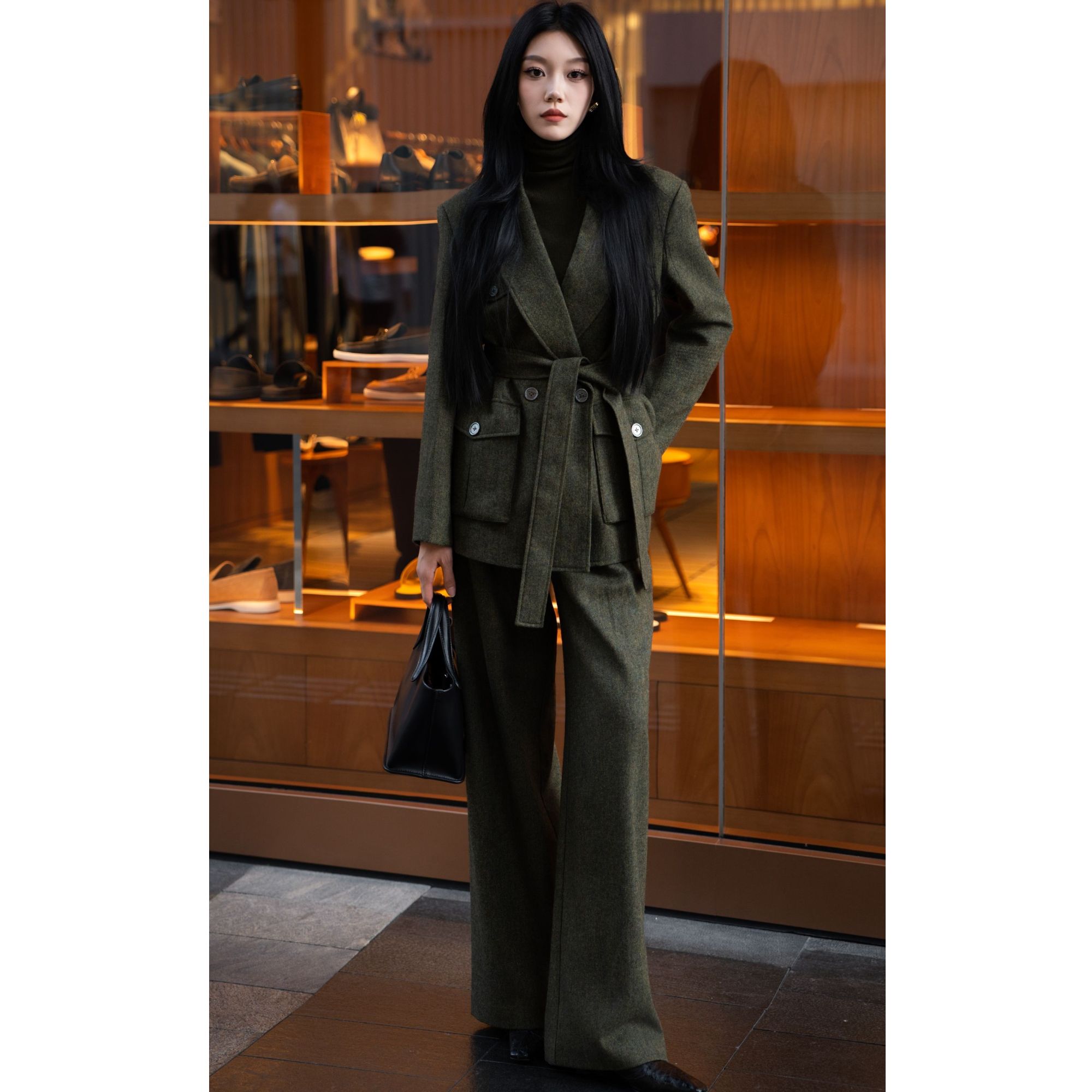 ZEROYK高端轻奢职业装御姐气质高级羊毛混纺系带西服阔腿裤两件套