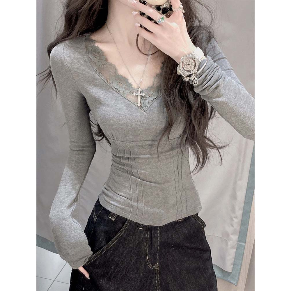 纯欲辣妹灰色后背蕾丝v领长袖t恤女春秋季性感修身别致打底衫上衣