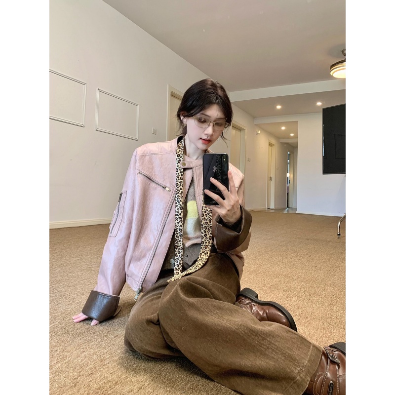 INS CEC秋季新款复古撞色夹克外套内搭针织衫上衣阔腿休闲裤套装