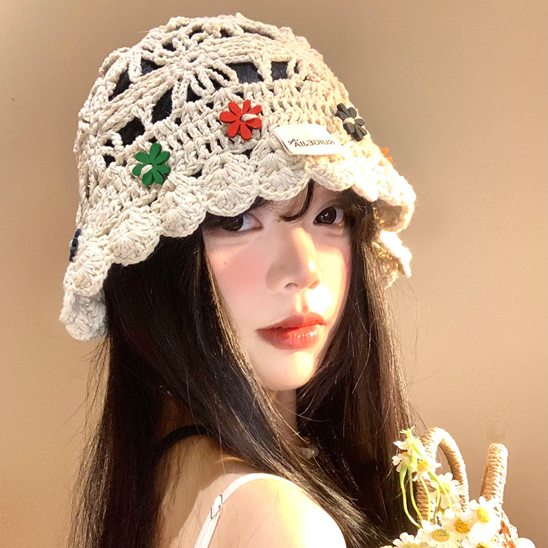 花朵手工钩针镂空帽子女春夏季透气显脸小百搭民族风针织渔夫帽子