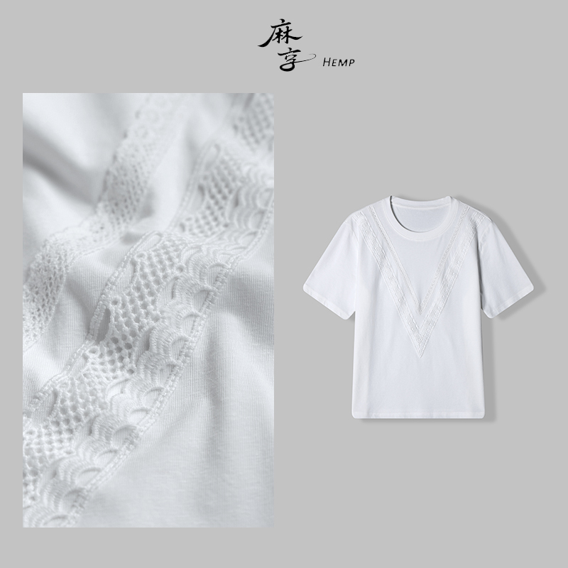 重工刺绣T【云系列 ·索罗娜SLN】汉麻索罗娜蕾丝拼接T恤女FSY50643