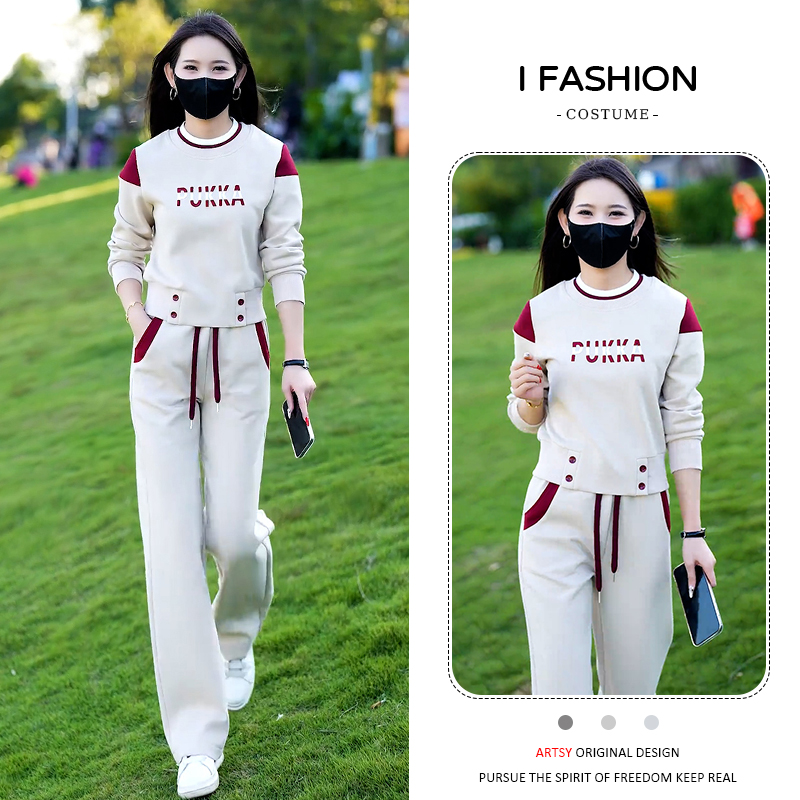 高含棉时尚运动服套装女2025年春秋新款拼色长袖上衣直筒裤两件套