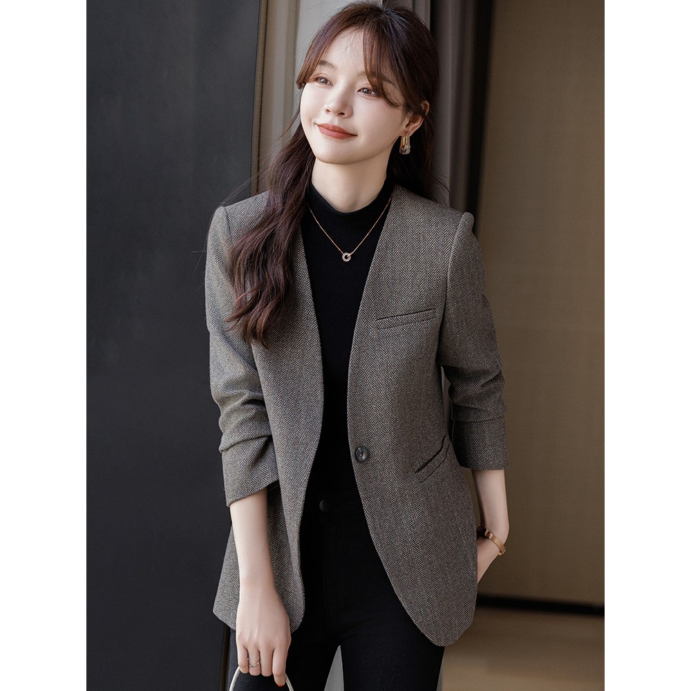 灰色毛呢西装外套女2025新款春秋无领羊毛设计感小众高级感小西服