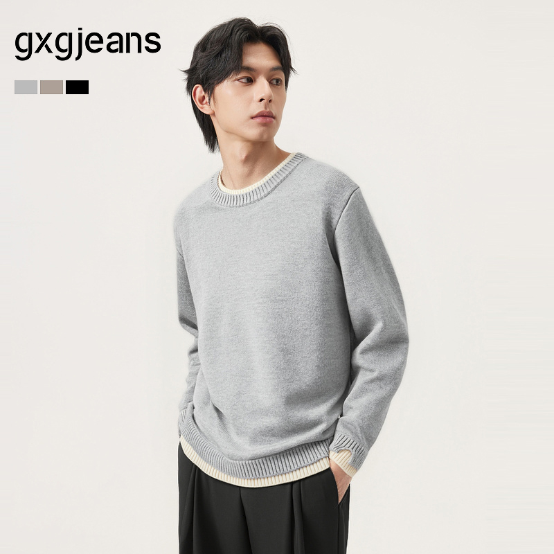 gxg.jeans男装 假两件休闲时尚打底圆领毛衣针织衫 25年冬新品