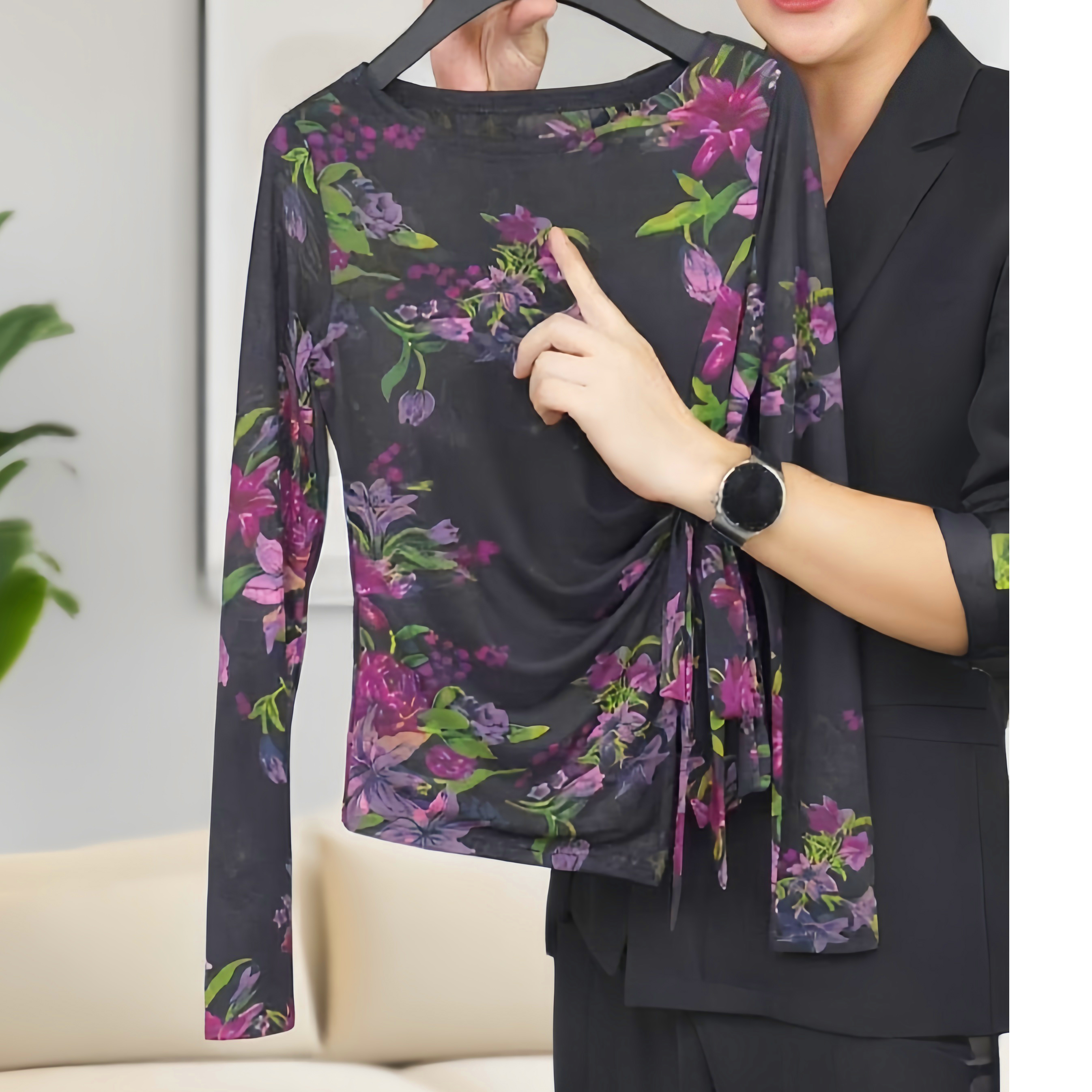 【深庭花影】2025秋季气质优雅轻熟风花朵绑带长袖T恤女百搭上衣