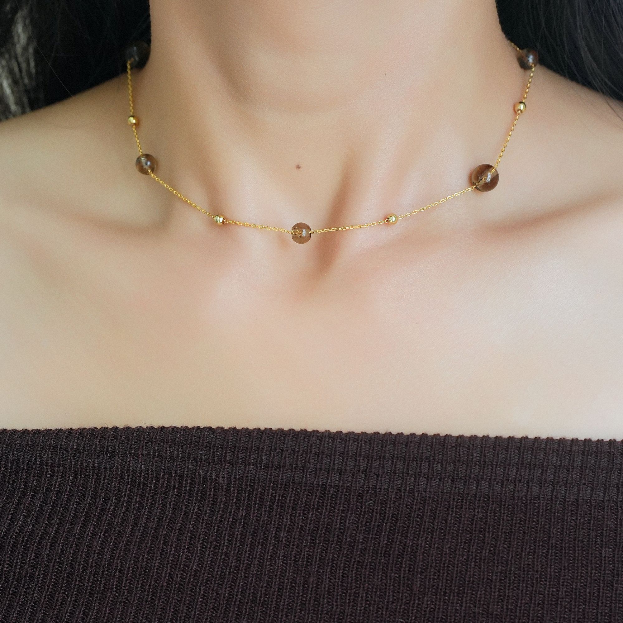 铜合金项链 满天星美拉德虎眼色款项链女轻奢高级感锁骨链颈链