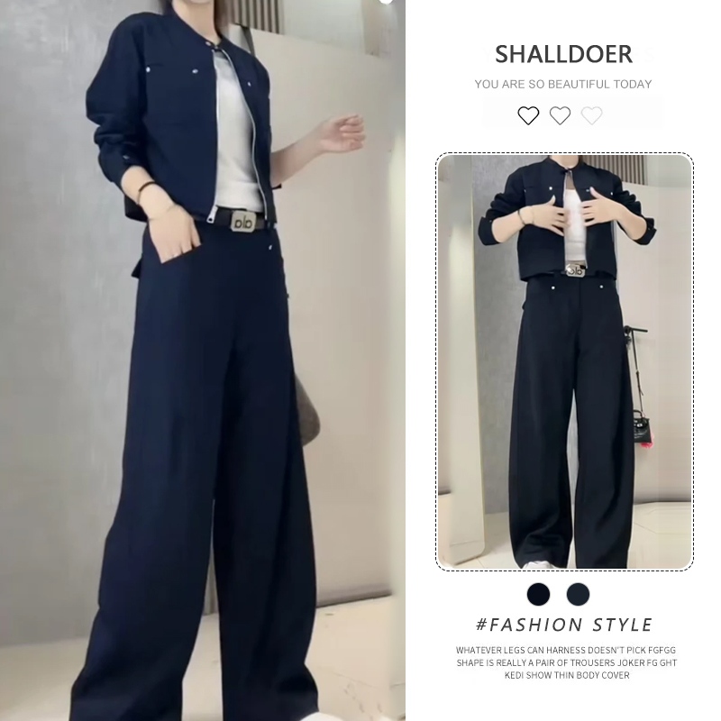 简约时尚纯色长袖上衣+直筒裤两件套女2025秋季新款小众洋气套装