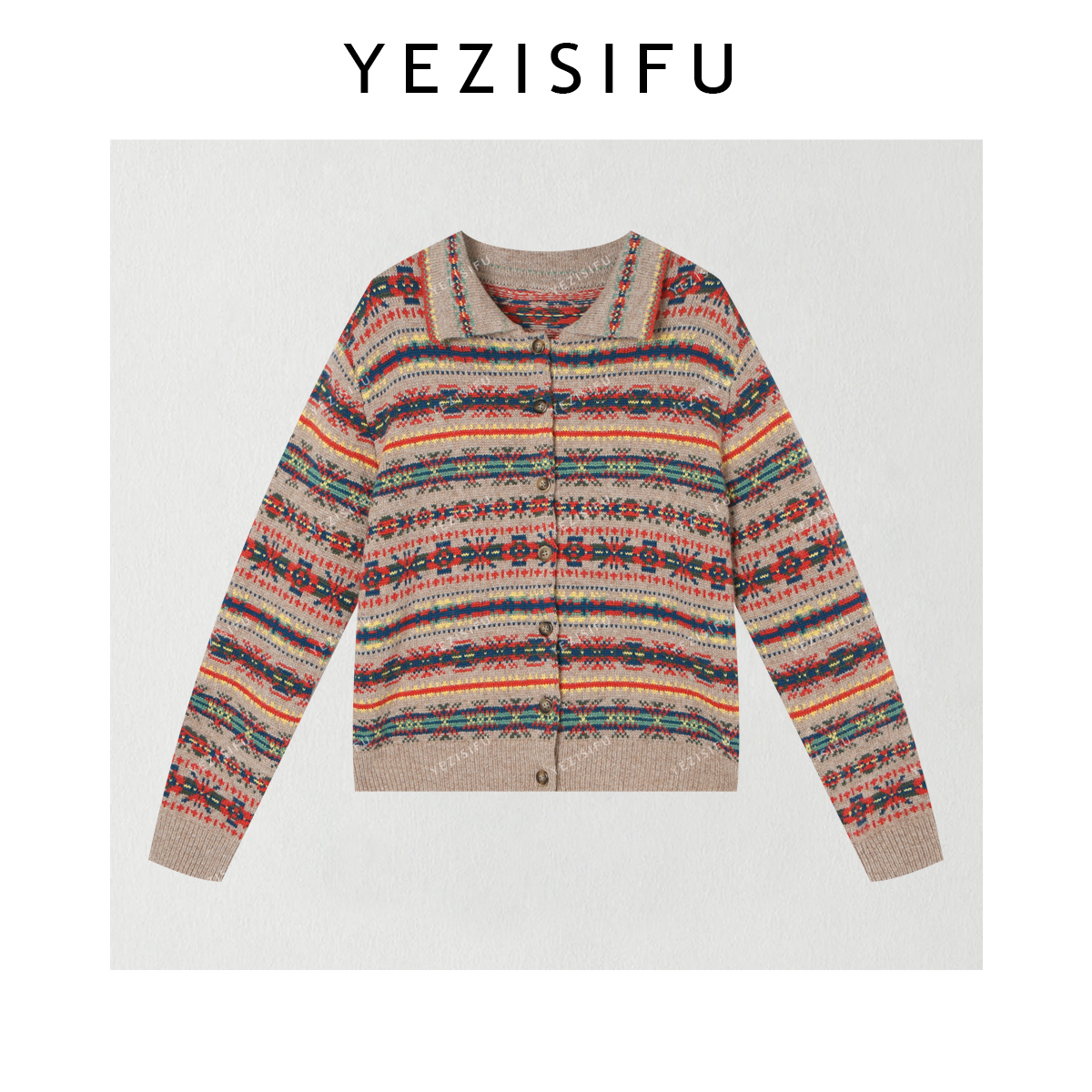 欧尼私服 2025冬季新款复古提花翻领排扣条纹针织开衫2510C7247