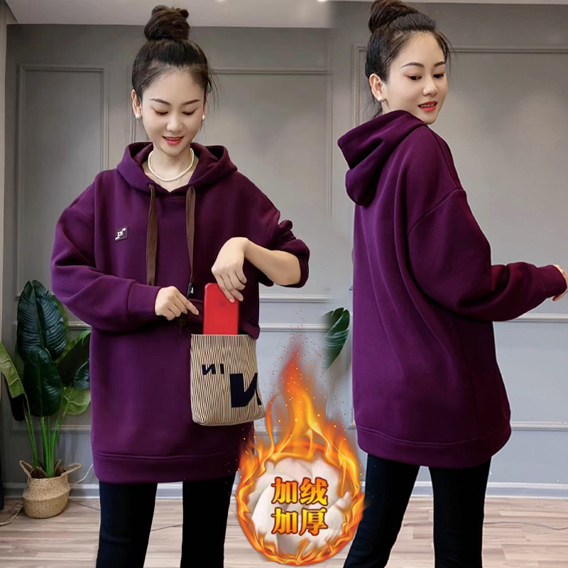 高含棉加绒加厚卫衣女2025年冬季新款大码宽松韩版中长款连帽上衣
