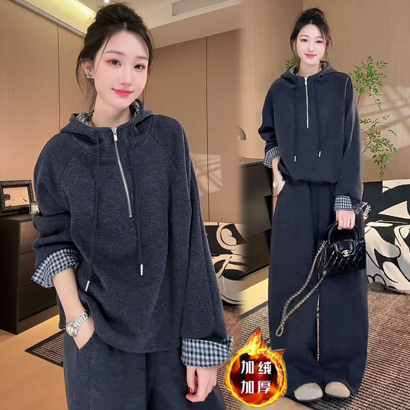 加绒加厚时尚套装女2025冬季新款洋气连帽半拉链卫衣阔腿裤两件套