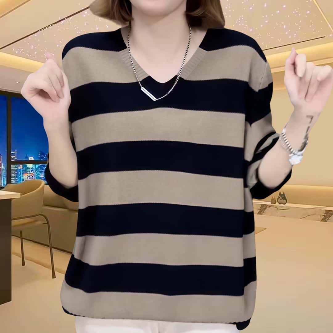 宽松条纹针织衫上衣女2025秋冬休闲时尚大码厚款V领套头毛衣打底