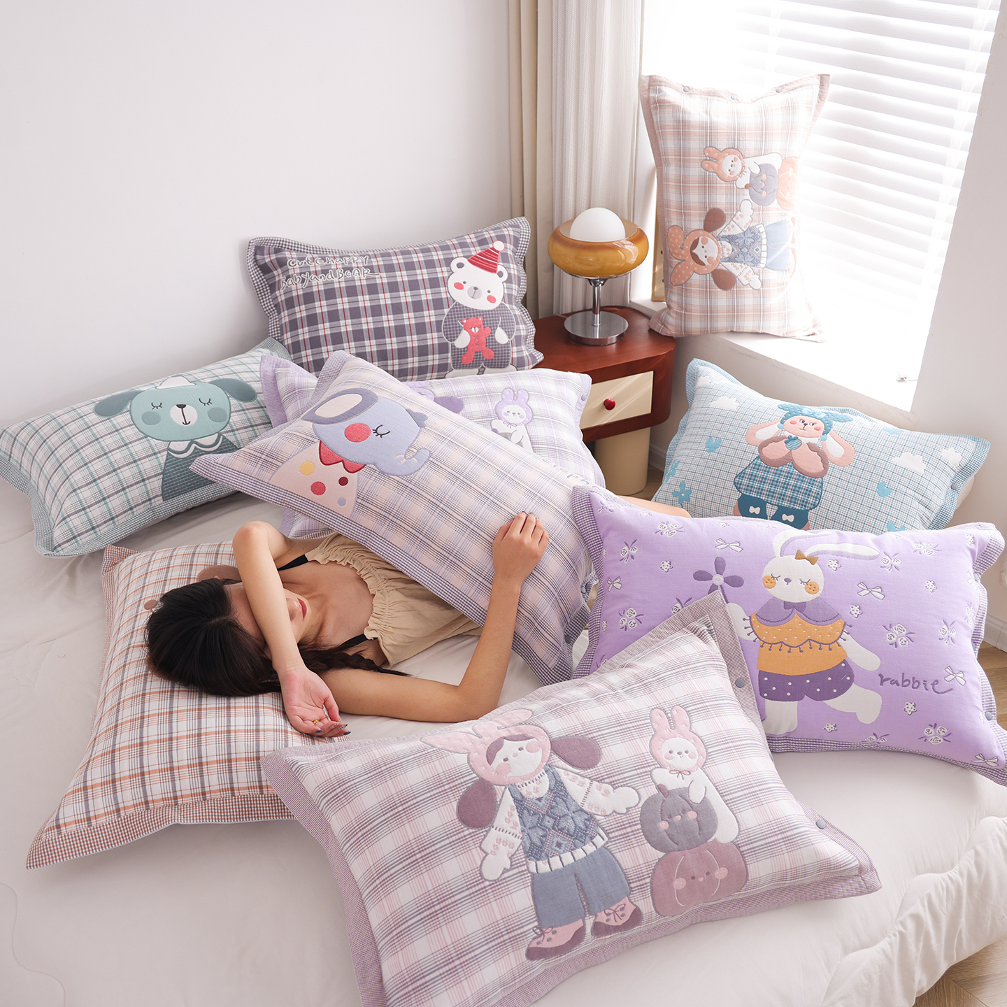 按扣纯棉纱布枕套一对加厚成人吸汗透气枕头套全棉柔软亲肤枕芯套