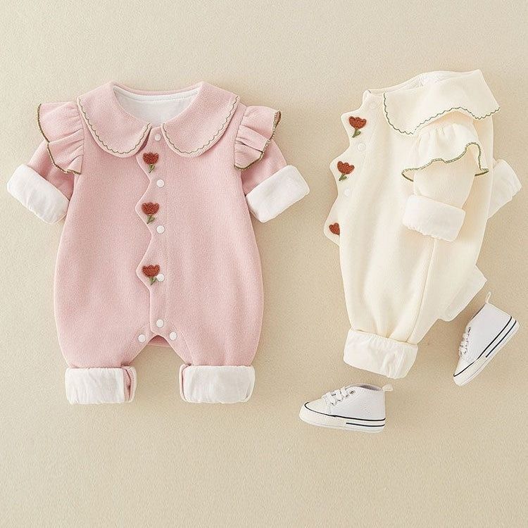 婴儿秋冬装连体衣宝宝超萌公主洋气加绒加厚保暖外出百天周岁爬服