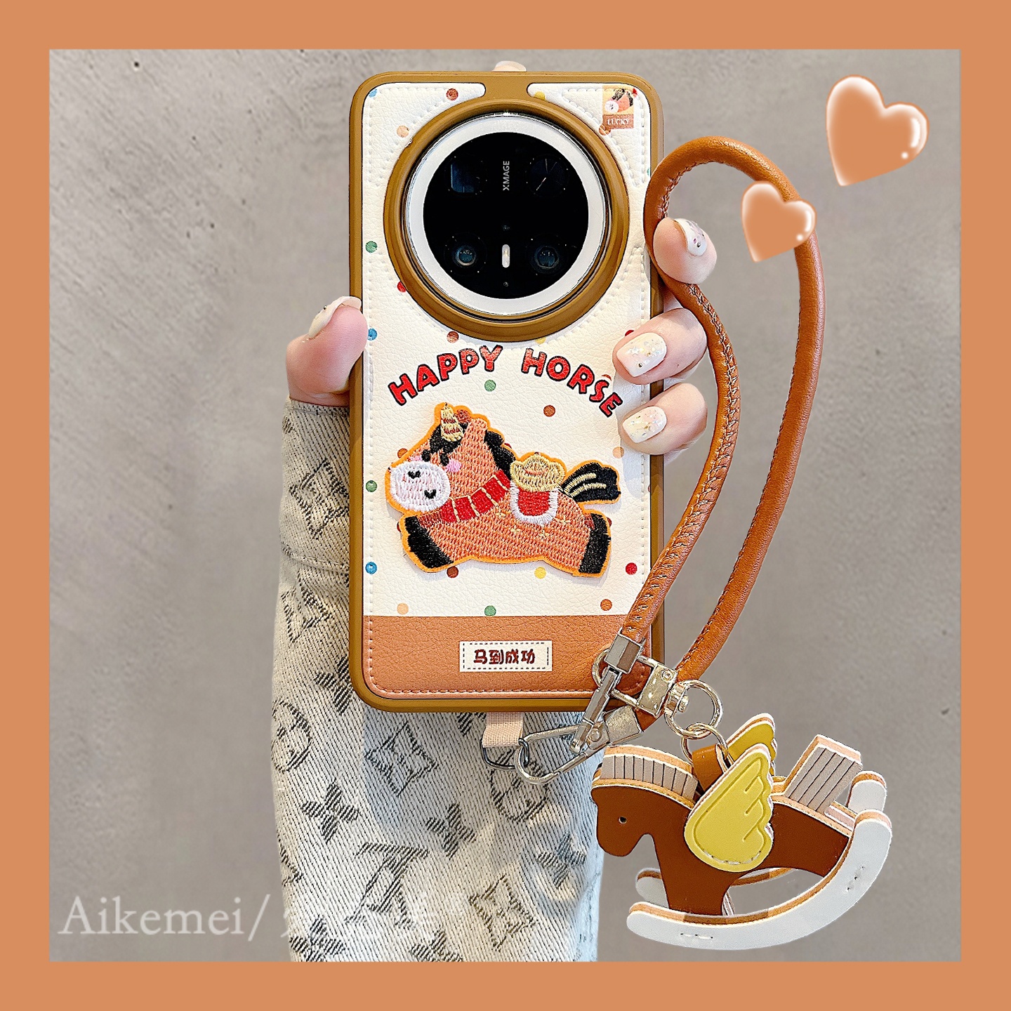 适用华为mate80promax手机壳皮质波点mate70pro+刺绣元宝小马手绳