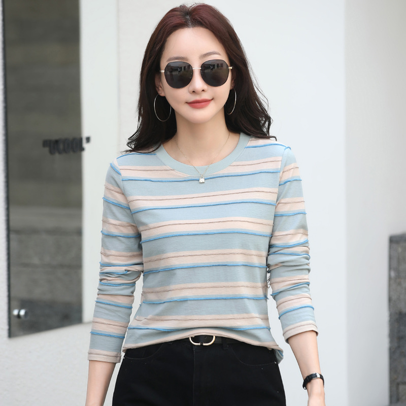 工厂秋冬新款条纹长袖打底衫大码宽松时尚T恤百搭韩版上衣春秋