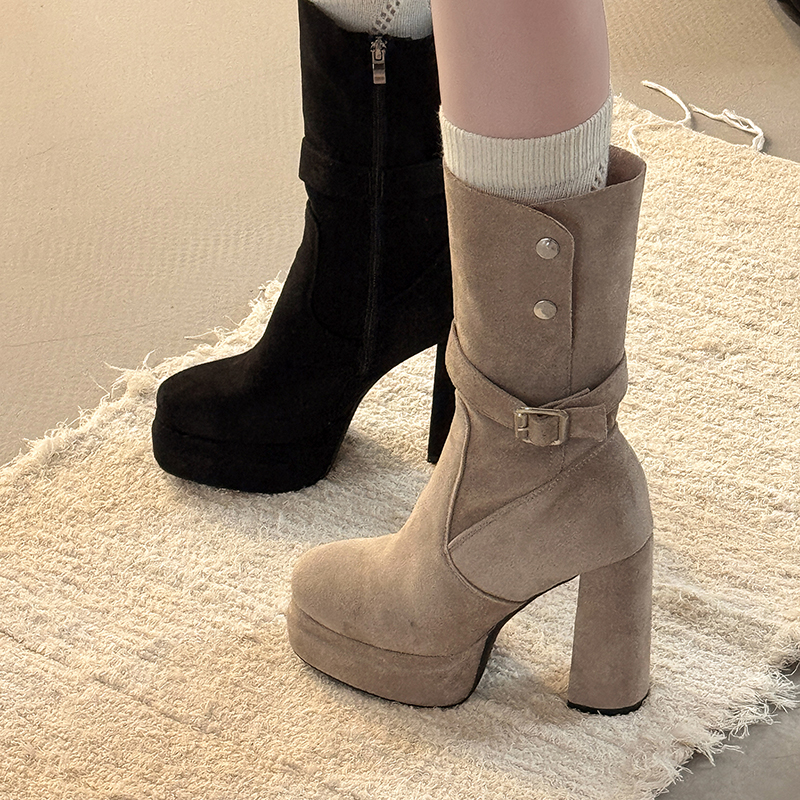 OJRZ复古磨砂粗跟显瘦厚底套筒西部靴女款2025秋冬新款时尚马丁靴