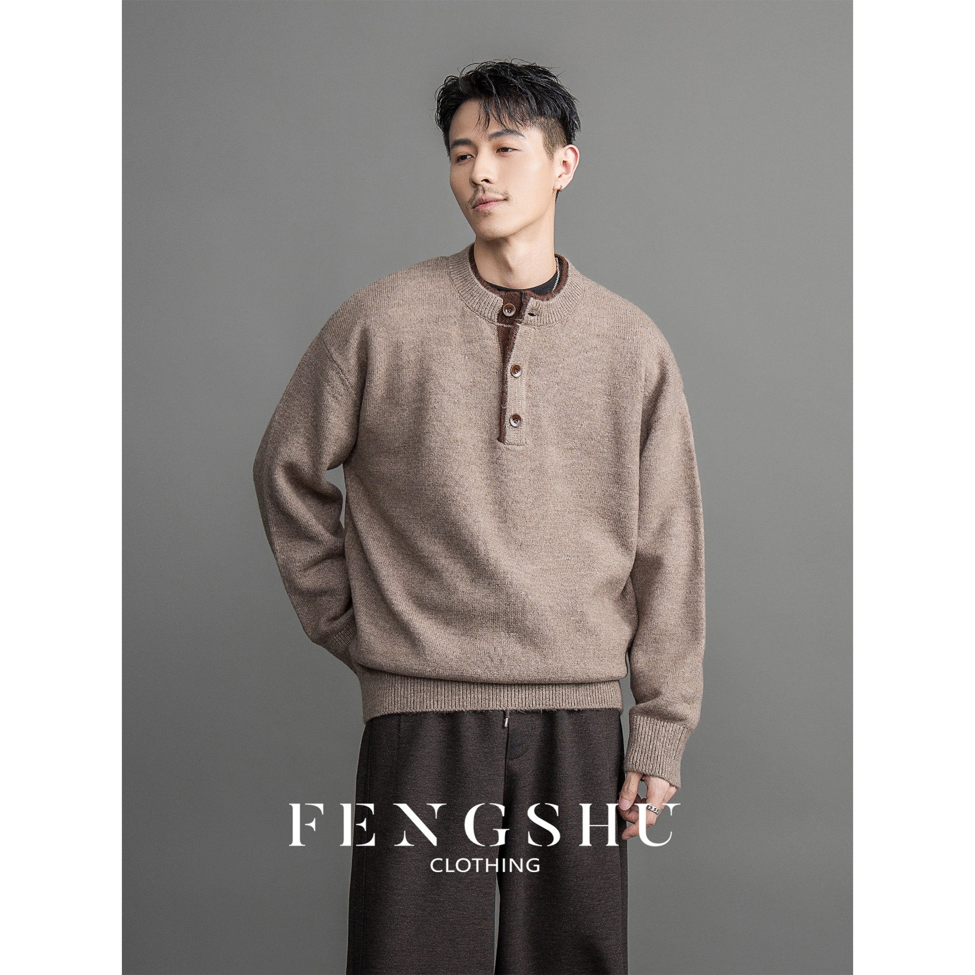 FENGSHU 纽扣领假两件撞色毛衣男款秋冬季老钱亨利领气质针织衫