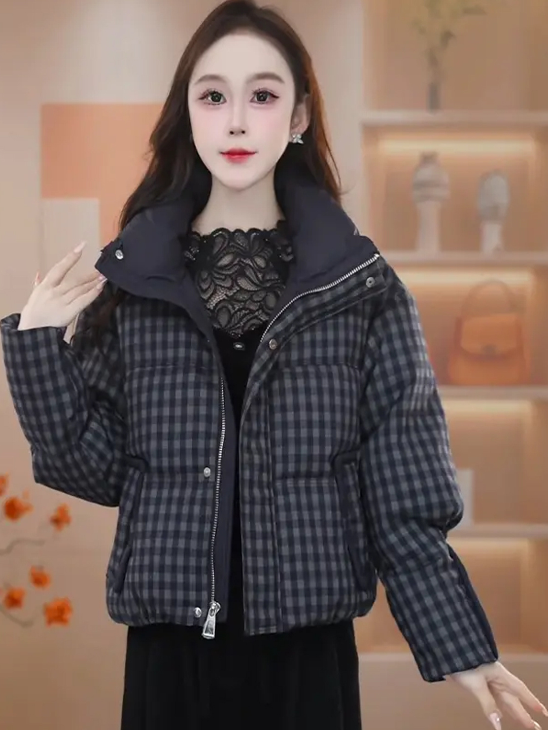 【现货+运费险】时尚格子棉服女2025冬季新款洋气宽松立领棉衣外套