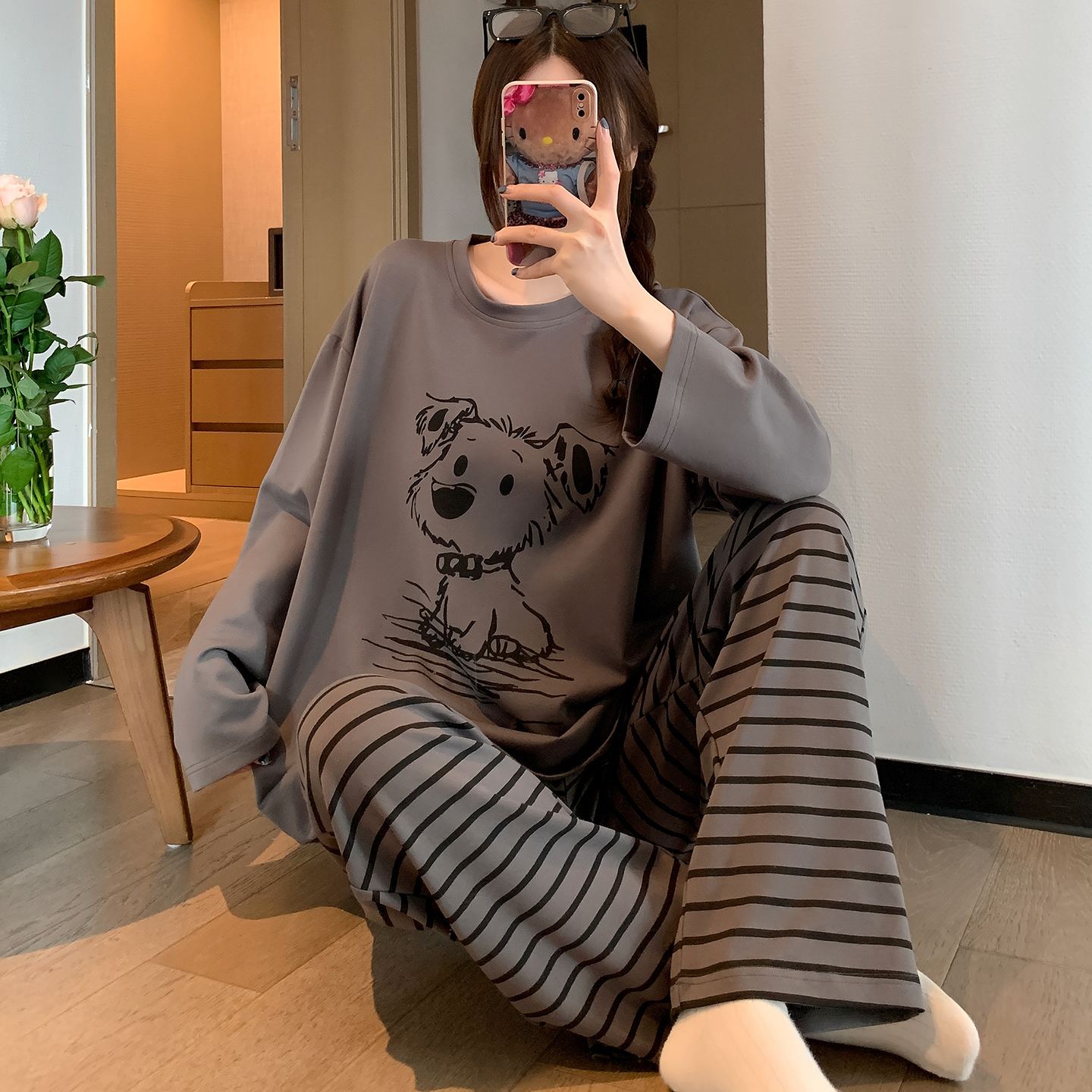 纯棉睡衣女春秋季卡通可爱休闲宽松长袖长裤家居服套装学生可外穿