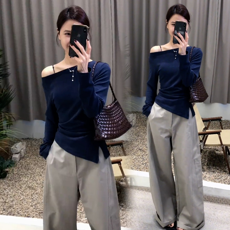 高含棉设计感斜领露肩长袖t恤女2025年春秋新款减龄气质显瘦上衣