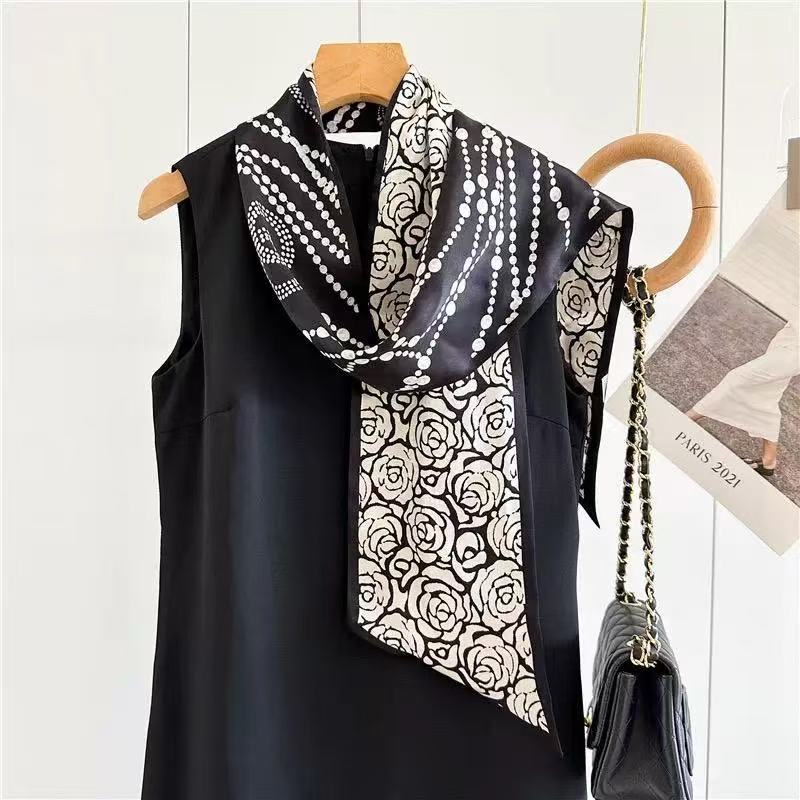 桑蚕丝丝巾【珍珠山茶】150x16cm飘带长条春夏季长款真丝长飘带G903