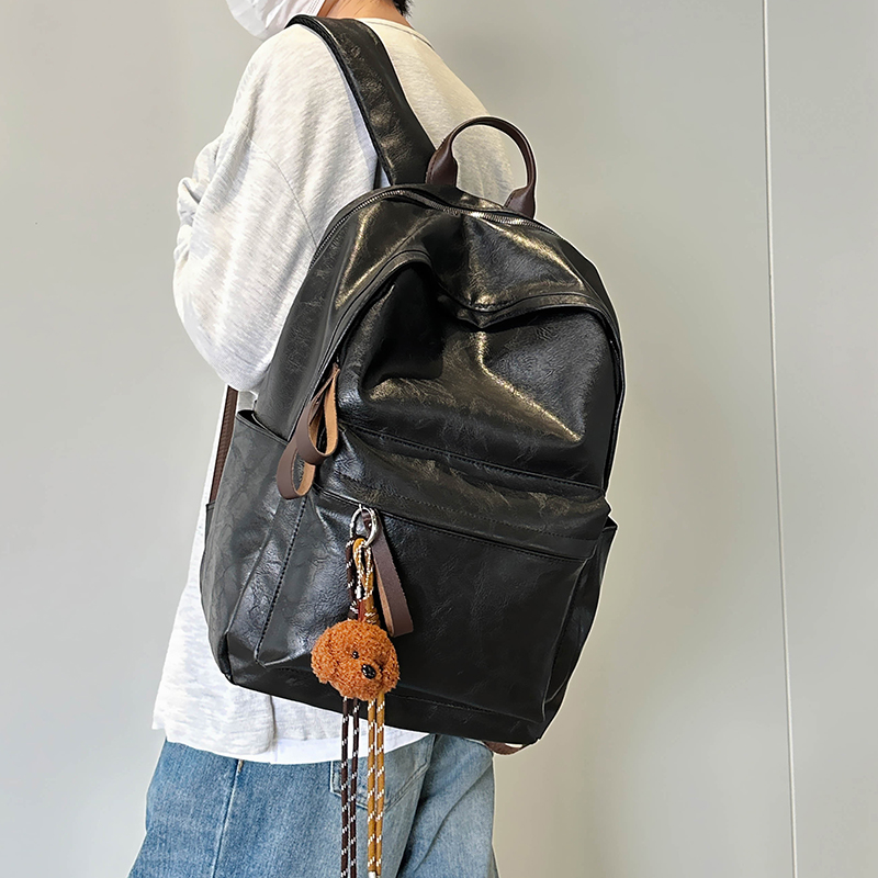 复古风书包男大学生质感pu皮上课学院风背包大容量电脑双肩包女潮