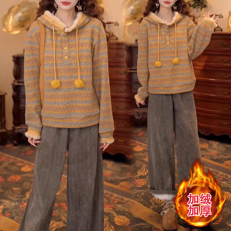 2025秋冬季新款女士美拉德穿搭一整套加绒条纹连帽卫衣阔腿裤套装