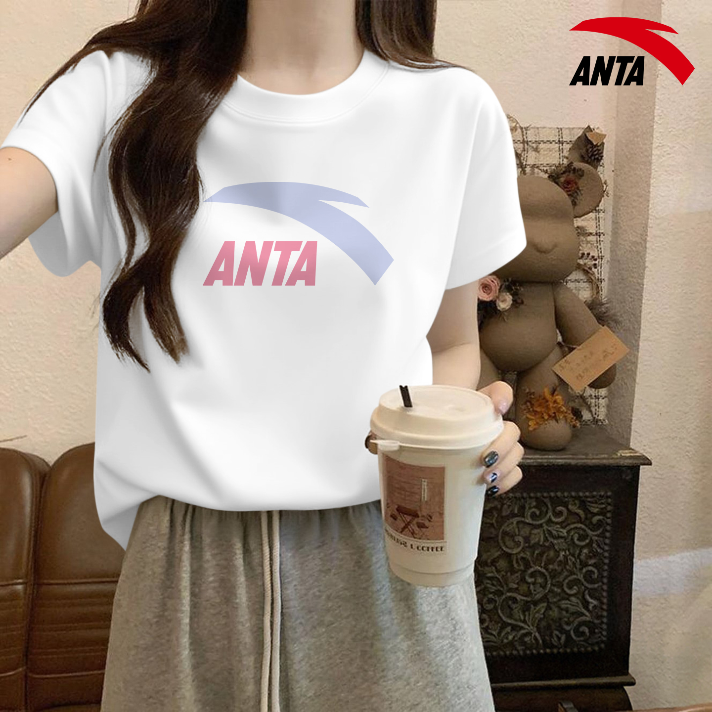 安踏白色运动短袖t恤女款夏季2025新款透气百搭休闲修身时尚半袖