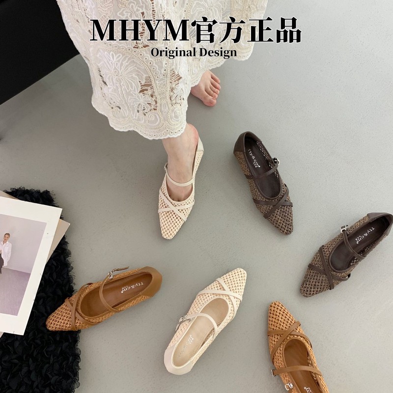 软底玛丽珍尖头编织镂空一字扣带单鞋女2025夏时尚透气平底凉鞋潮