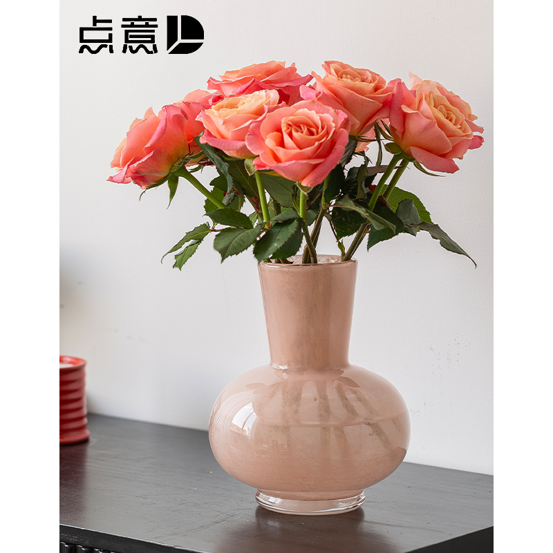 温柔浅粉色流沙琉璃花瓶玫瑰绝美法式桌面水养多巴胺肌理北欧简约