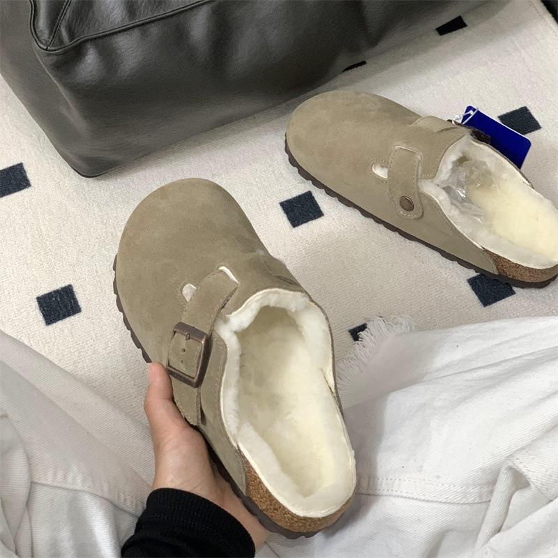 三福桑坡勃肯鞋厚底秋冬新款皮毛一体真软木博肯半拖鞋女外穿毛毛