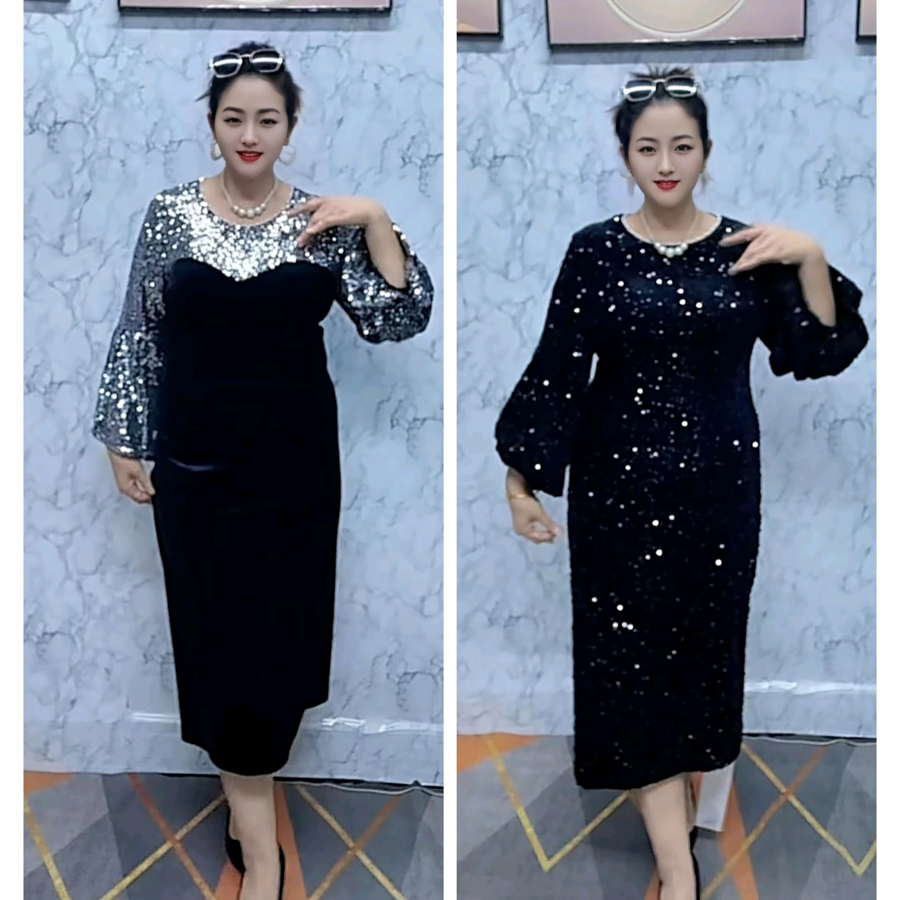 气质显瘦高级感亮片丝绒优雅名媛风连衣裙