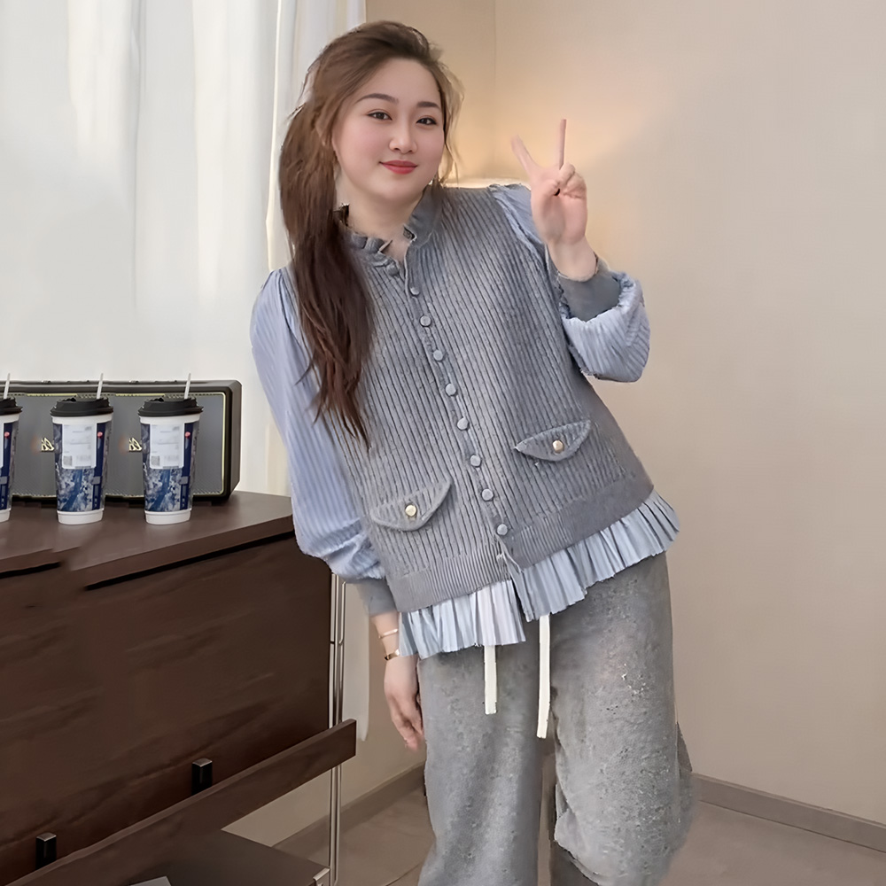 大码女装设计感假两件针织衬衫秋季新款胖mm宽松显瘦内搭外穿上衣