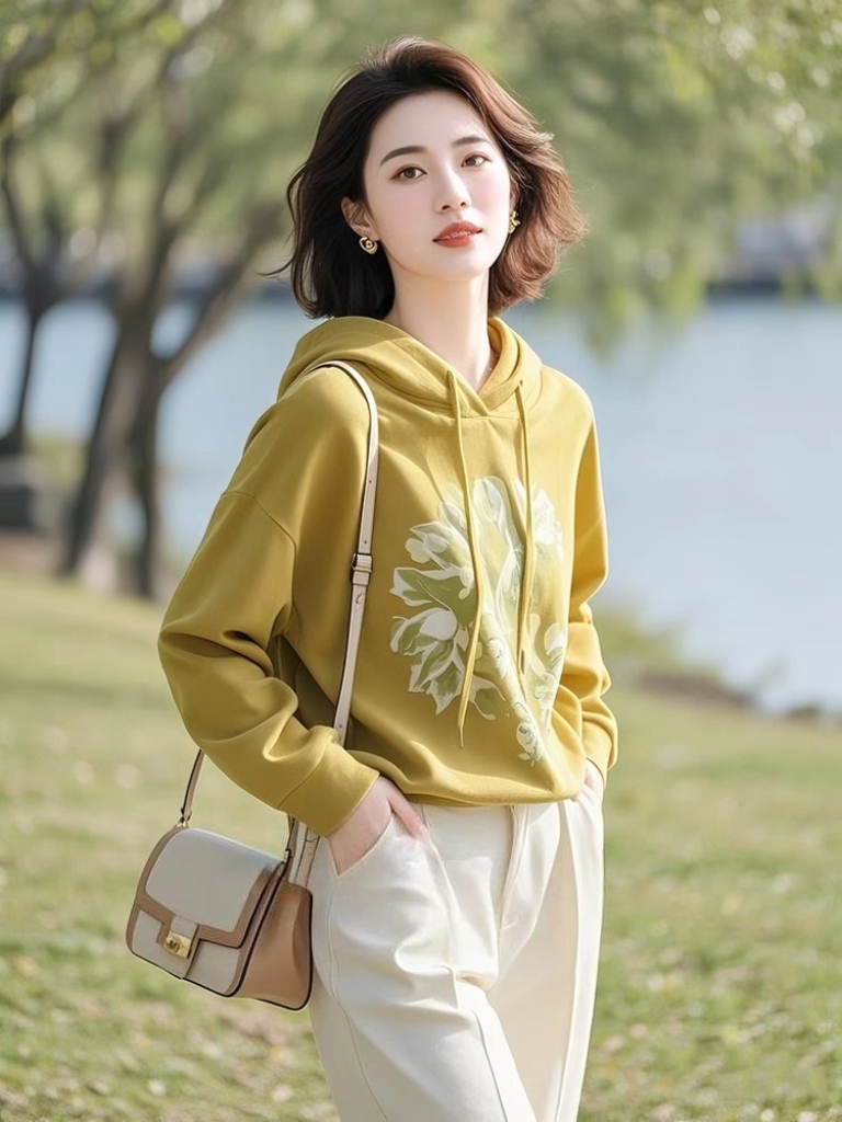 2025年超火开春新款超好看独特漂亮小个子设计感宽松黄色连帽卫衣