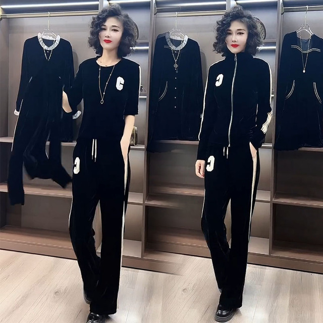网红时尚套装女2023秋季新款拉链开衫短袖打底长裤休闲丝绒三件套