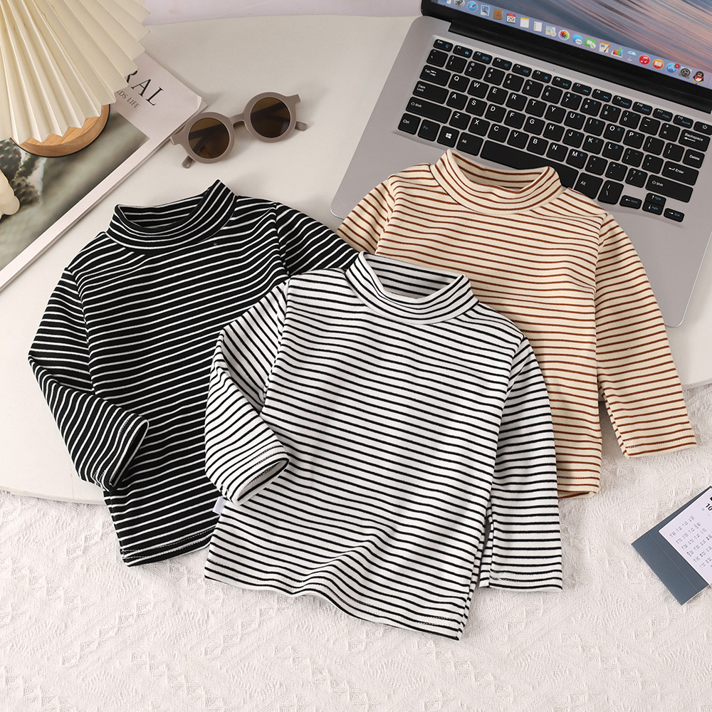 【福利款】儿童半高领条纹上衣男女宝宝长袖打底衫春秋冬季T恤内搭