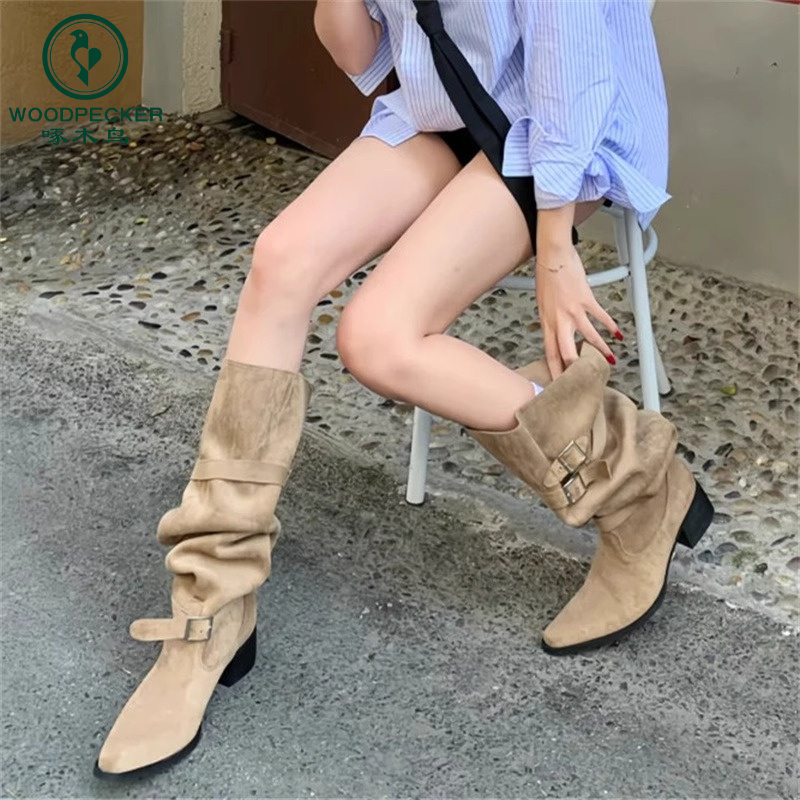 啄木鸟辣妹尖头粗跟长筒靴女2025春夏新款堆堆靴子显瘦西部骑士靴