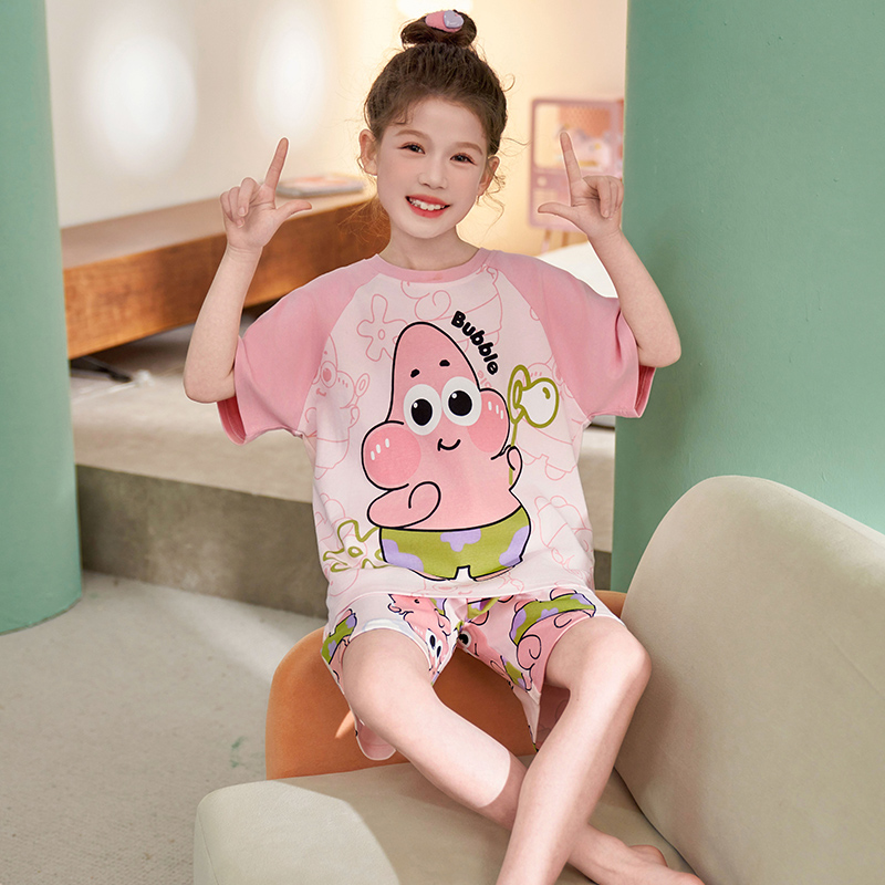 夏季纯棉女童睡衣儿童薄款短袖套装甜美女孩卡通派大星夏款家居服
