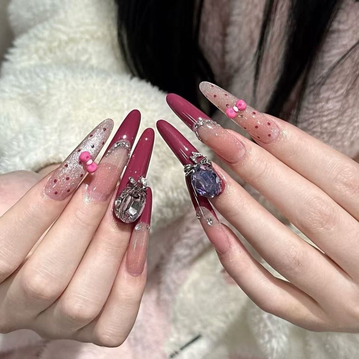 【罗格公主】手工镶钻波点猫眼法式显白甜妹芭比氛围感穿戴甲中长款