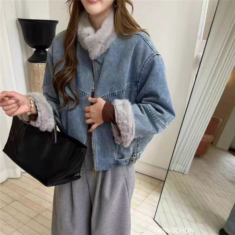 欧货加绒加厚牛仔外套女冬季短款2025新款休闲毛毛拼接棉服派克服