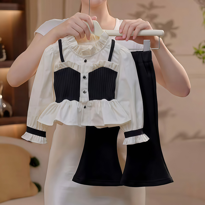 女童小香风套装春秋2025新款儿童假两件上衣秋季女孩微喇裤两件套