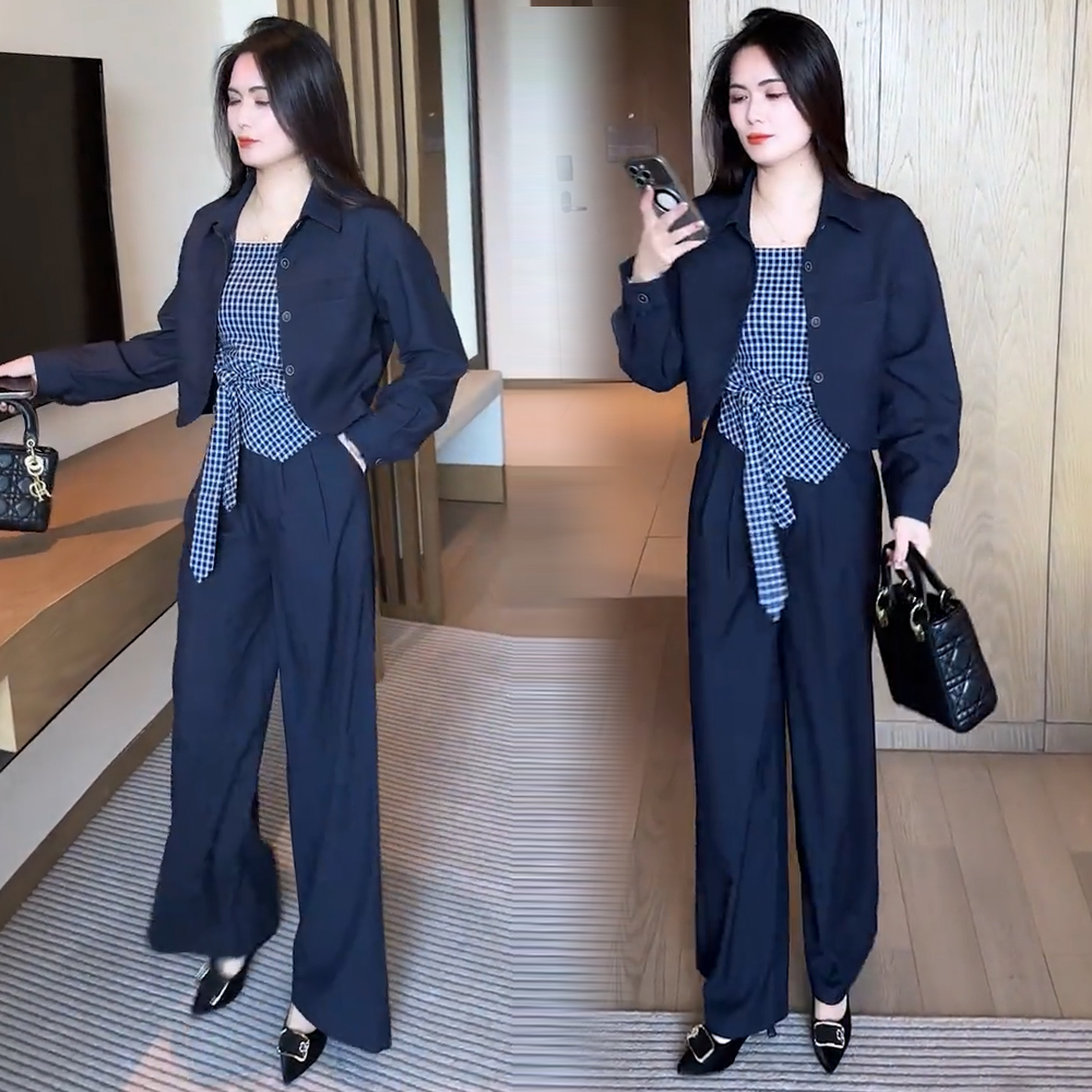 时尚套装女2025秋季新款洋气质短款上衣格子吊带阔腿裤减龄三件套