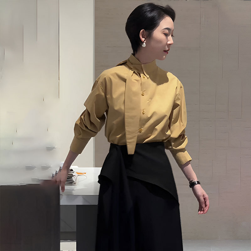 法式轻奢高级感立领飘带长袖衬衫女2025新款秋季宽松显瘦复古上衣