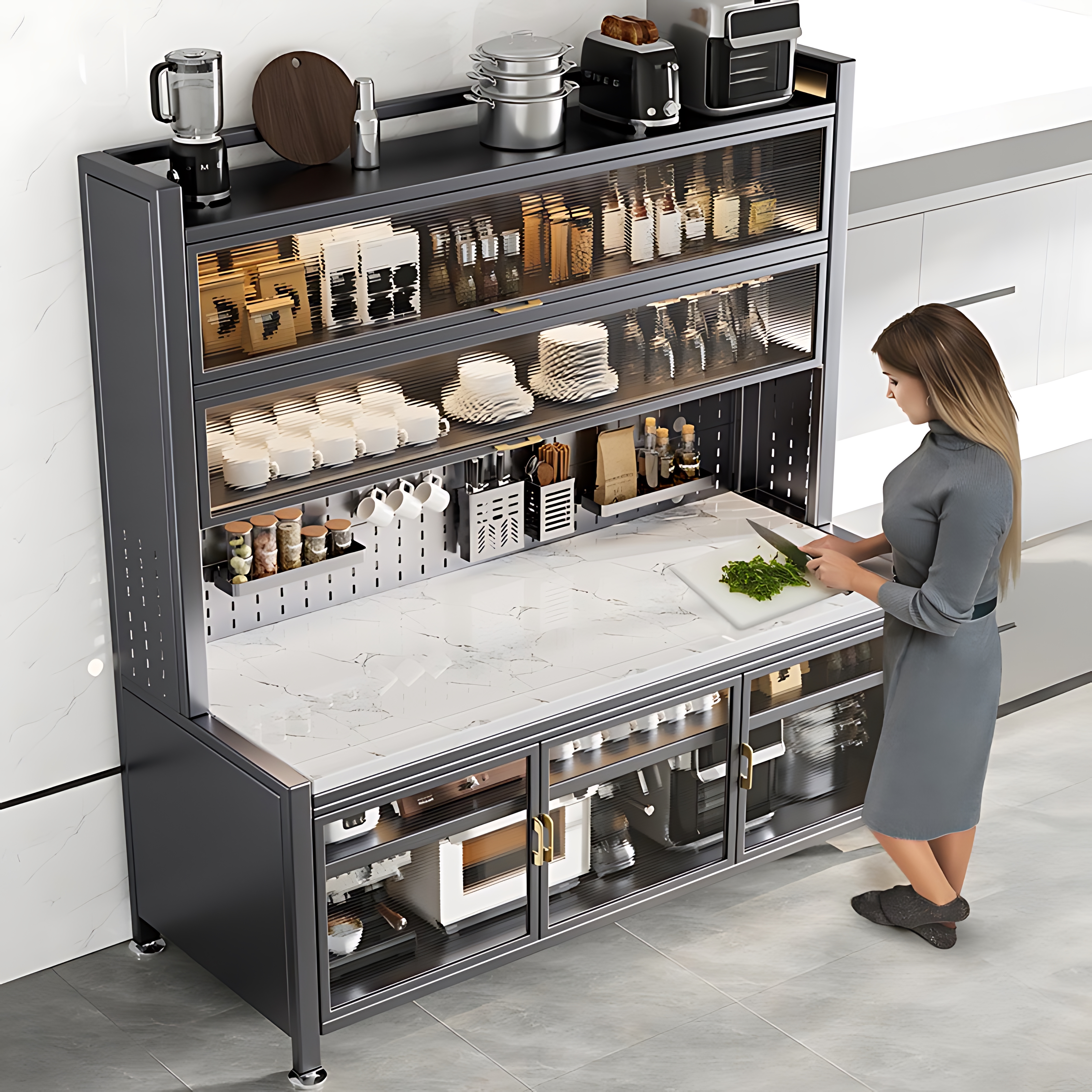 新款2025多功能餐边柜靠墙一体柜防尘厨房碗柜收纳柜厨房置物架