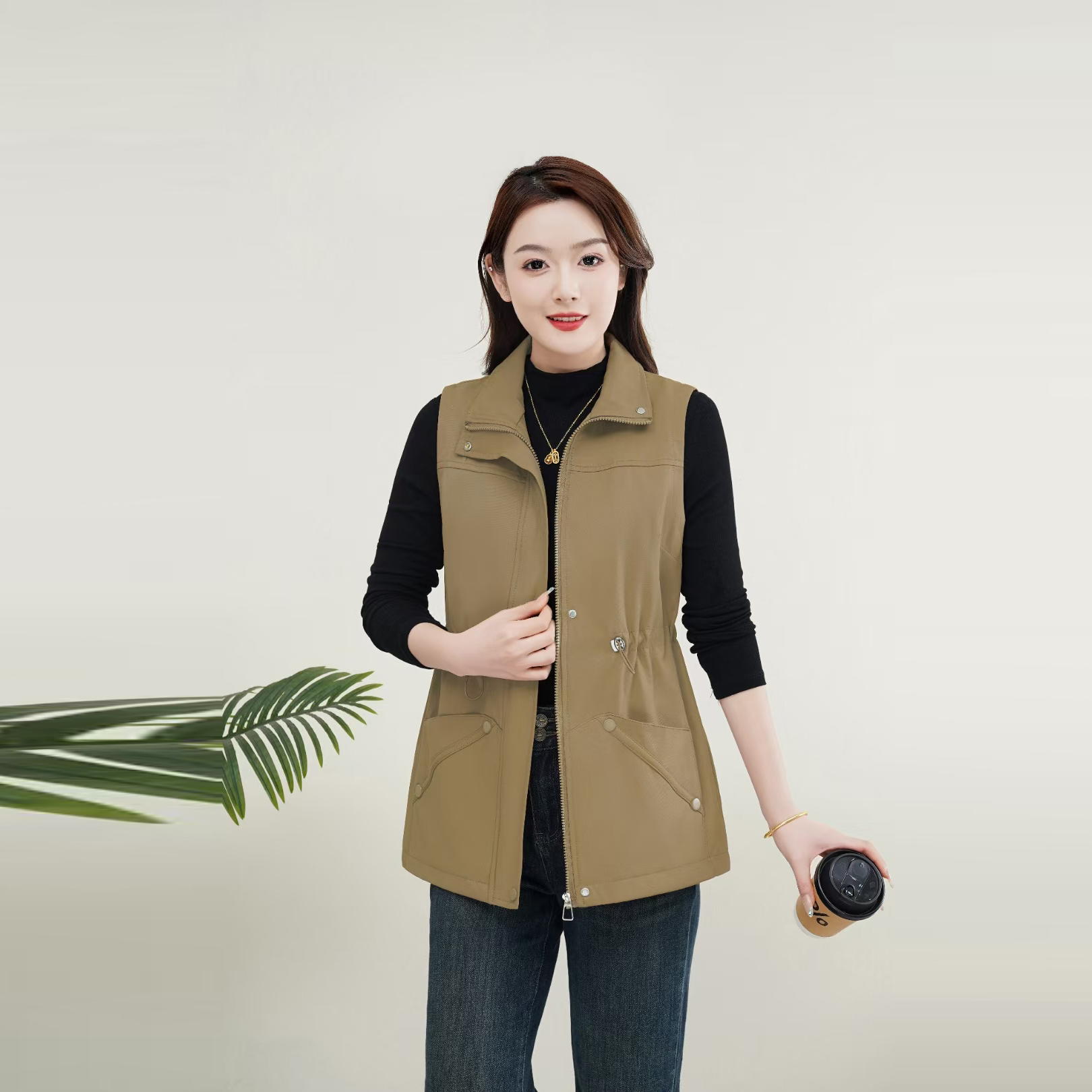 马甲外穿春秋洋气时尚休闲洗水棉马夹中年收腰妈妈装无袖舒适外套