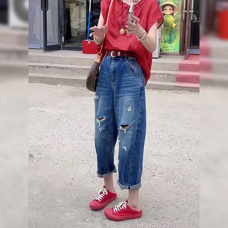 蓝色破洞直筒牛仔裤女夏季薄款大码胖mm小个子高腰显瘦九分阔腿裤